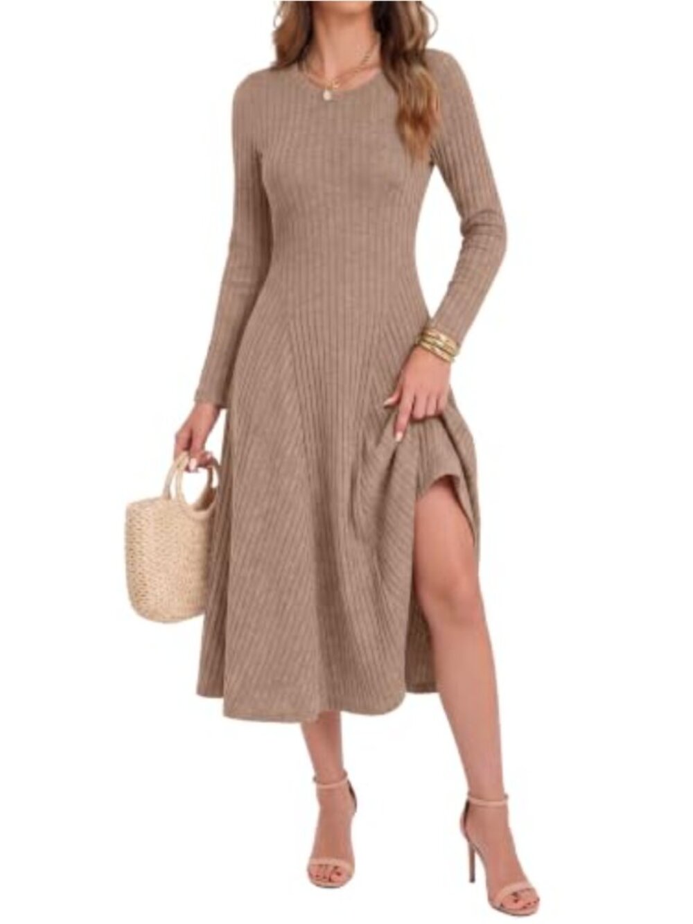 Women's Long Sleeve Ribbed Knit Fall Midi Dress